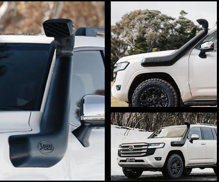 The SS98HF Safari Snorkel to suit the Toyota LandCruiser 300 Series is designed to deliver a huge volume of the coolest and cleanest air possible into the stock air cleaner assembly of the 3.3L V6 Twin-Turbo Diesel (F33A-FTV) Engine